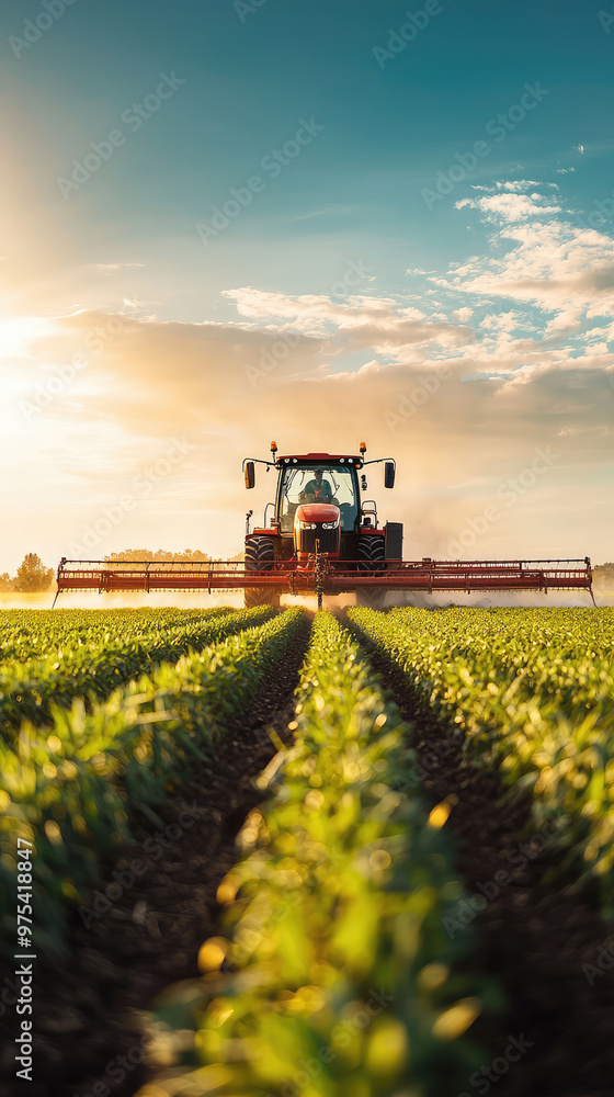 A farmer using precision equipment to apply fertilizer in lush green field during sunset, showcasing modern agricultural practices and beauty of nature A farmer using precision equipment to apply fertilizer in lush green field during sunset, showcasing modern agricultural practices and beauty of nature