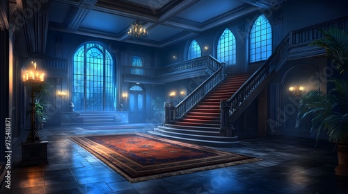 A majestic staircase illuminated by blue light in an elegant foyer, featuring tall windows and luxurious decor.