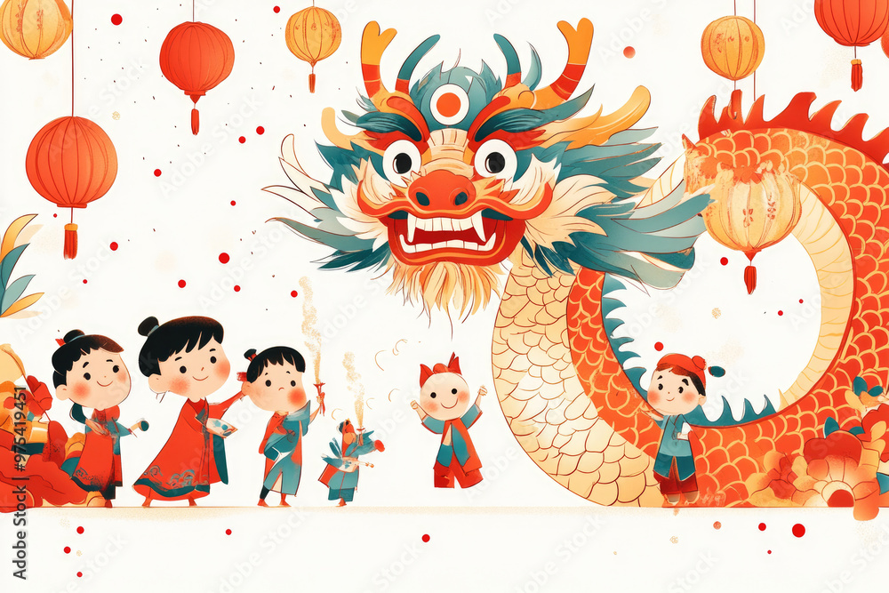 Chinese New Year, a group of children playing happily together with illustrations Chinese New Year, a group of children playing happily together with illustrations
