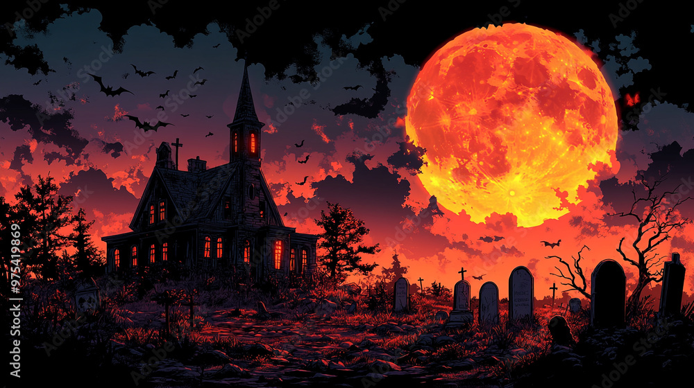 A spooky landscape featuring a haunted house, graveyard, and a large orange moon. A spooky landscape featuring a haunted house, graveyard, and a large orange moon.