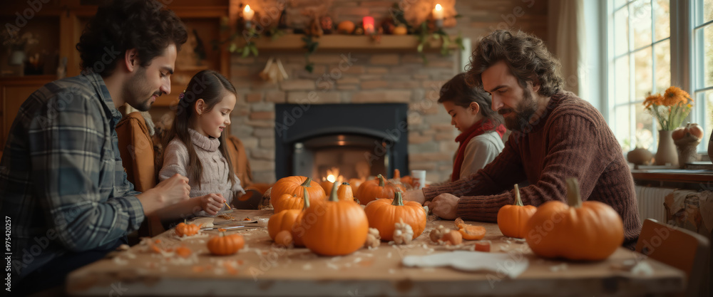 Family carving pumpkins together creating festive Thanksgiving decor, autumn mood Family carving pumpkins together creating festive Thanksgiving decor, autumn mood