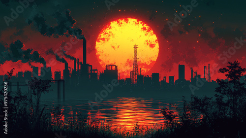 A vibrant sunset over an industrial skyline, highlighting pollution and environmental themes.