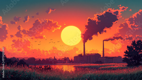 A vibrant sunset over an industrial landscape with smokestacks reflecting on water.