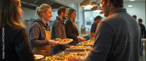 Thanksgiving Dinner Buffet Line, Volunteers Serving Food