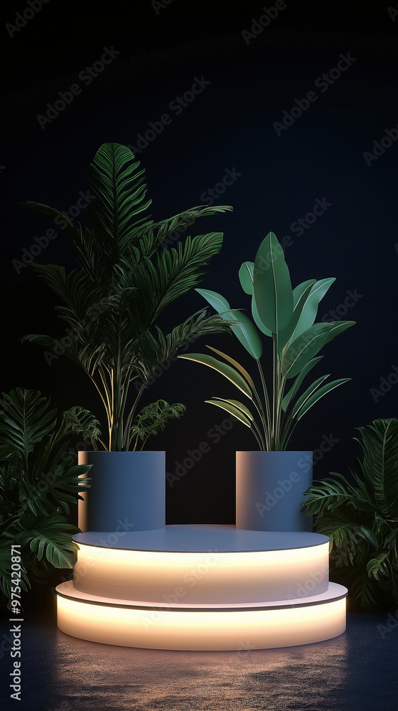 An indoor podium decorated by potted plants and strip lights, background for e-commerce product promotion An indoor podium decorated by potted plants and strip lights, background for e-commerce product promotion
