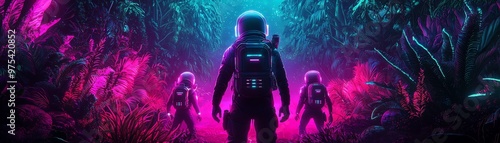 Three astronauts explore a vibrant alien jungle illuminated by neon lights, creating a surreal and captivating atmosphere.