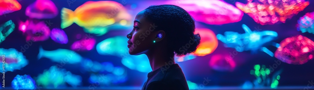 A silhouette of a woman against a vibrant aquarium backdrop filled with colorful fish, creating a serene and captivating atmosphere. A silhouette of a woman against a vibrant aquarium backdrop filled with colorful fish, creating a serene and captivating atmosphere.