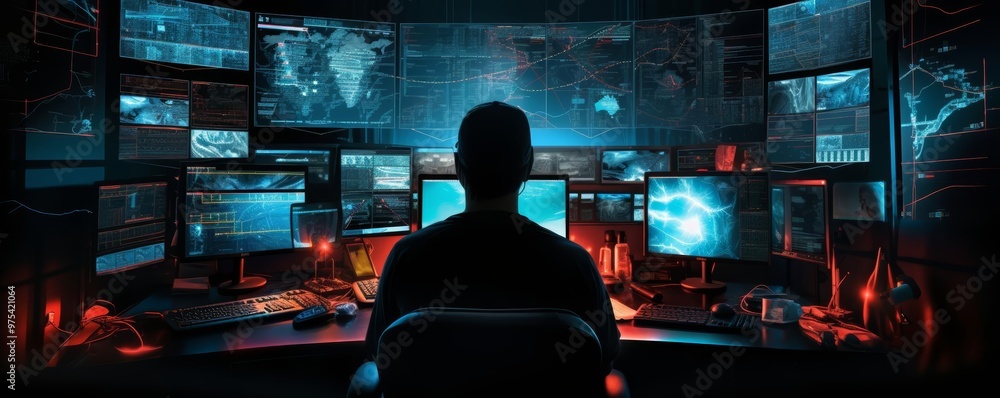 A dark room lit by dozens of computer screens, a hackers silhouette barely visible in this suspenseful illustration A dark room lit by dozens of computer screens, a hackers silhouette barely visible in this suspenseful illustration