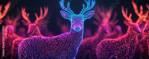 A vibrant digital art representation of a deer with glowing antlers, surrounded by colorful luminous patterns and shapes. photo