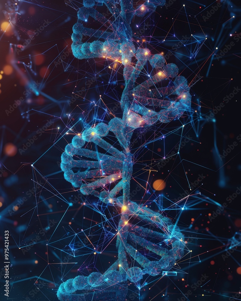Intricate digital representation of DNA molecule showcasing its structure and complexity in a vibrant, colorful design.