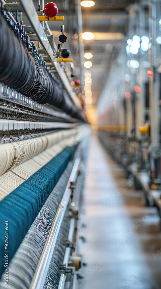 Large scale textile production facility with rows of colorful fabric spools, showcasing intricate process of weaving and manufacturing textiles. atmosphere is vibrant and industrious Large scale textile production facility with rows of colorful fabric spools, showcasing intricate process of weaving and manufacturing textiles. atmosphere is vibrant and industrious