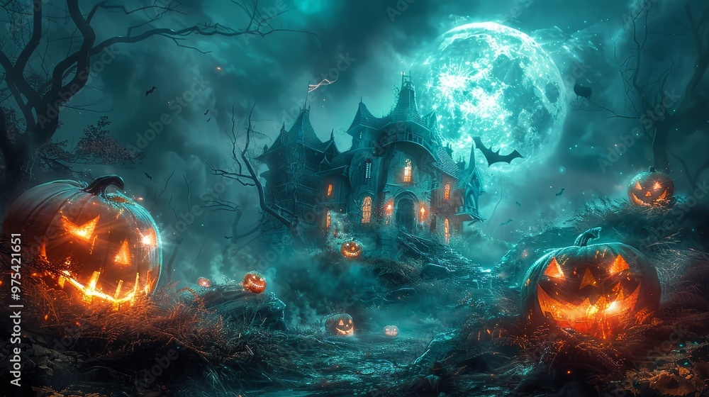 Obraz premium Spooky night scene with glowing pumpkins, a haunted house, and a full moon, perfect for Halloween themed visuals.