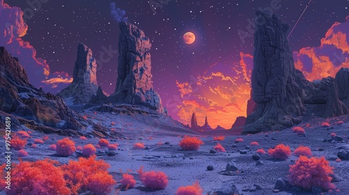 Stunning alien landscape at twilight, featuring vibrant plants and towering rock formations under a starry sky. photo