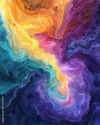 Vibrant abstract artwork featuring dynamic swirls of color, blending hues of blue, purple, orange, and yellow for a stunning visual effect.