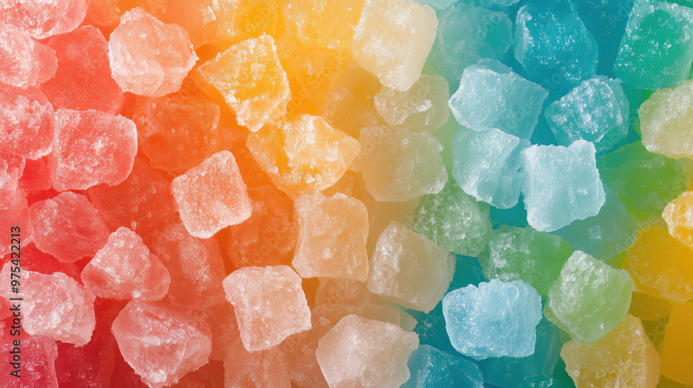 Close-up of colorful sugar-coated cubes in a gradient of red, orange, yellow, and blue, creating a vibrant and textured abstract background Close-up of colorful sugar-coated cubes in a gradient of red, orange, yellow, and blue, creating a vibrant and textured abstract background