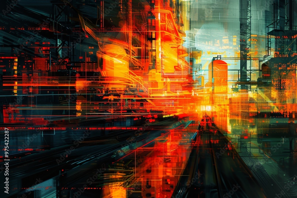 Fototapeta premium Vibrant abstract composition showcasing dynamic lines and bold colors, symbolizing technology and modernity in a digital landscape.