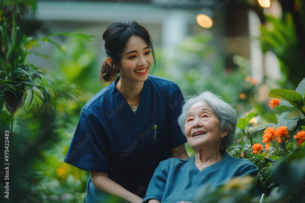 Obraz premium Young female nurses and elderly people in the hospital