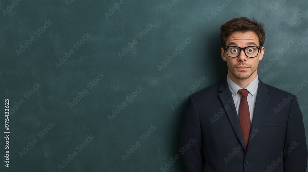Surprised Businessman in Formal Suit with Wide Eyes and Glasses Against a Green Background, Expressing Shock or Amazement Surprised Businessman in Formal Suit with Wide Eyes and Glasses Against a Green Background, Expressing Shock or Amazement