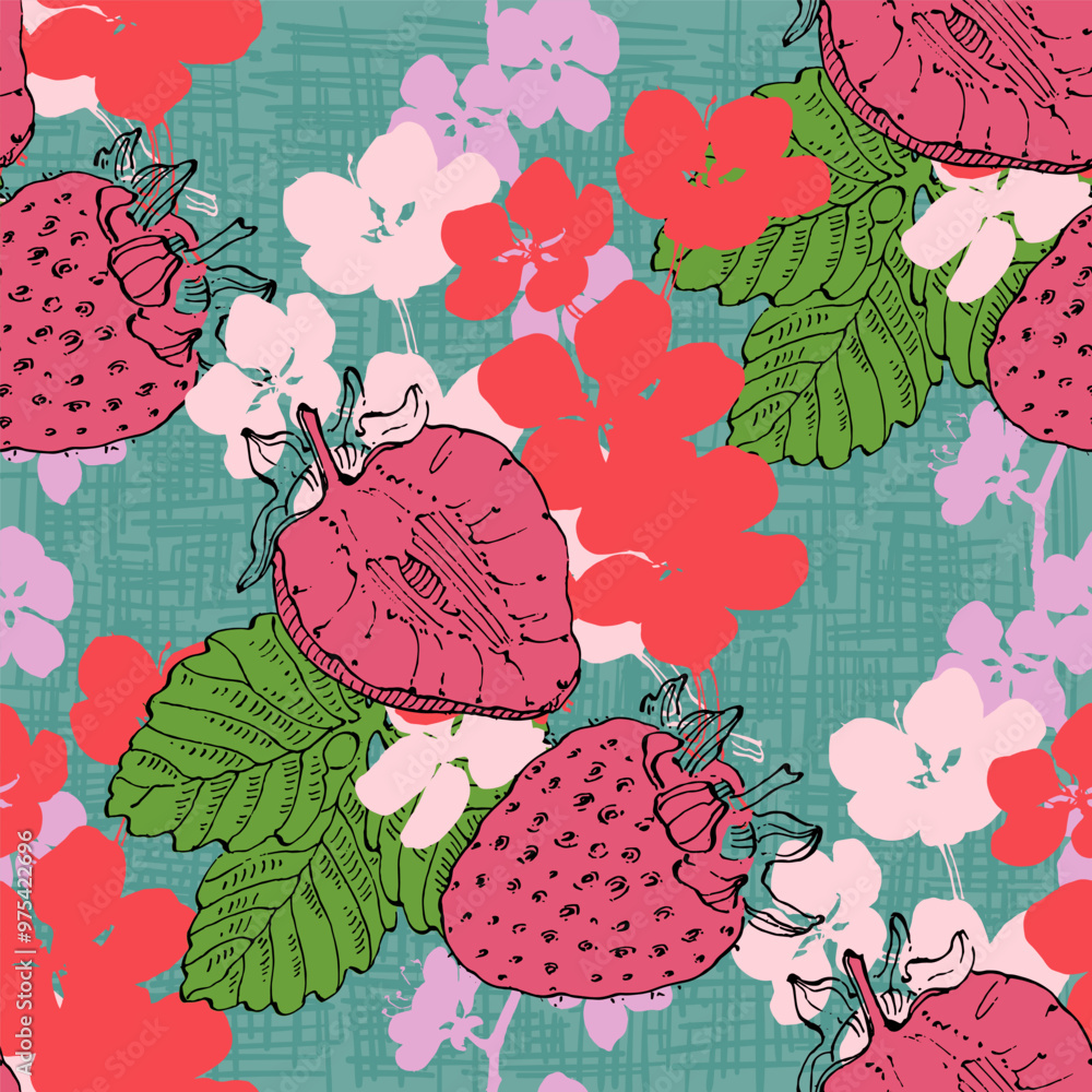 Seamless Pattern with strawberry and cherry. Color sketch style hand drawn background. Detailed illustration, hand drawn. Great for fabric and textile, prints, invitation, packaging. Seamless Pattern with strawberry and cherry. Color sketch style hand drawn background. Detailed illustration, hand drawn. Great for fabric and textile, prints, invitation, packaging.