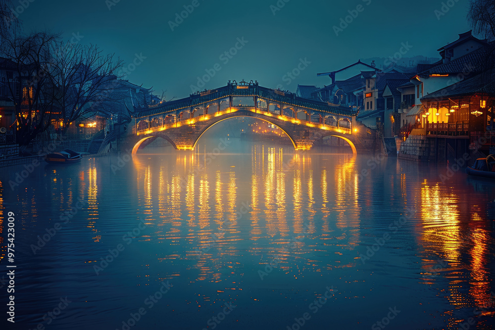 Chinese ancient town at night, ancient stone bridges and residential buildings Chinese ancient town at night, ancient stone bridges and residential buildings