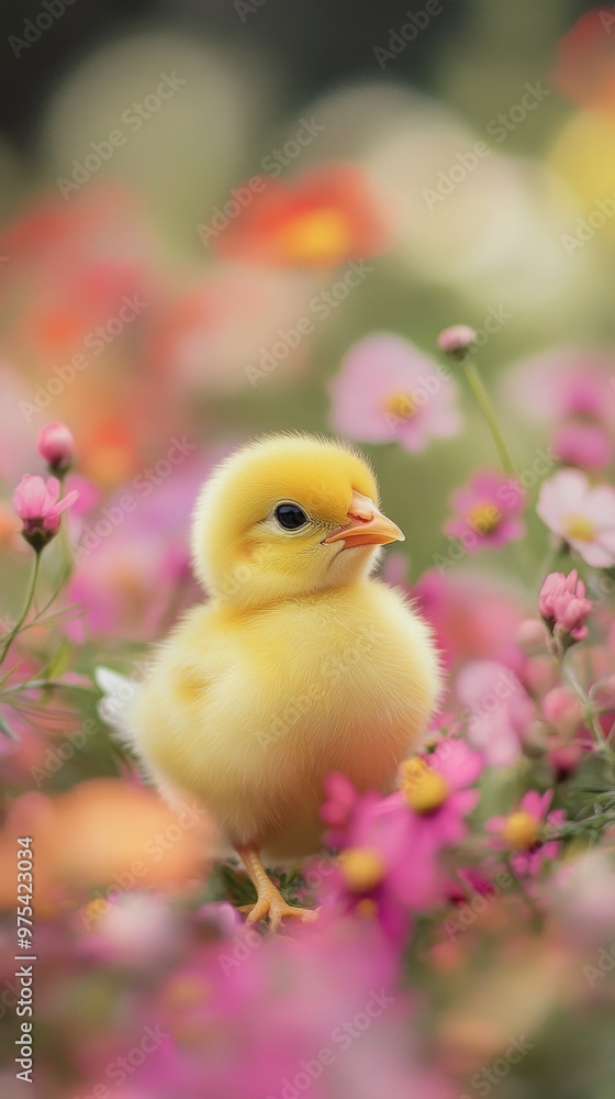 Cute yellow chick among colorful flowers, springtime scene. Nature and animal photography concept Cute yellow chick among colorful flowers, springtime scene. Nature and animal photography concept