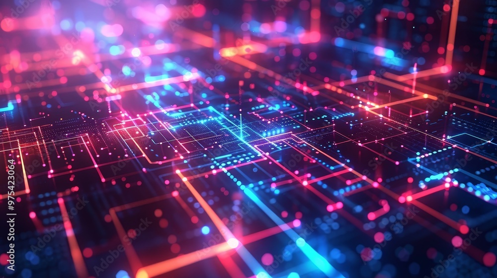 Vibrant digital abstract background showcasing interconnected lines and luminous dots in red and blue hues. Vibrant digital abstract background showcasing interconnected lines and luminous dots in red and blue hues.