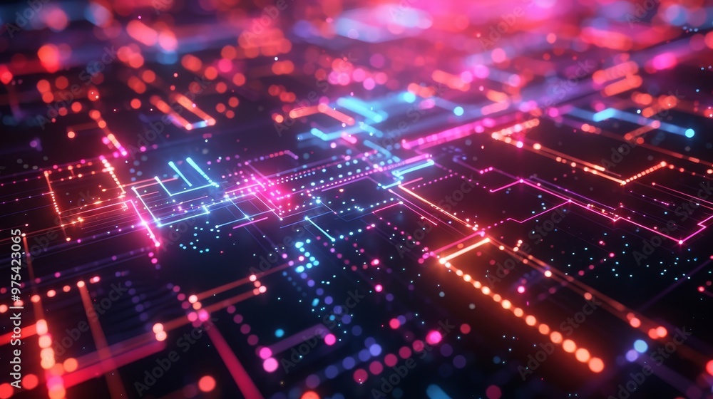 Vibrant digital circuit background featuring glowing lines and nodes in blue and pink hues, ideal for tech designs and concepts. Vibrant digital circuit background featuring glowing lines and nodes in blue and pink hues, ideal for tech designs and concepts.