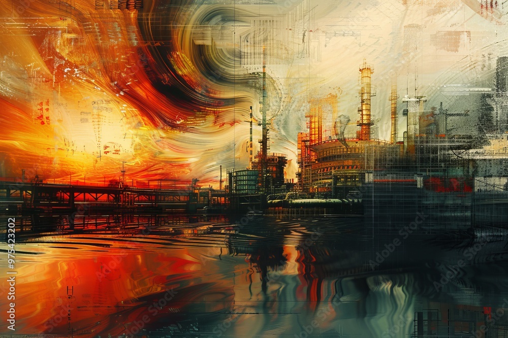 Vibrant industrial landscape with abstract swirls of color showcasing a dynamic refinery at sunset. Vibrant industrial landscape with abstract swirls of color showcasing a dynamic refinery at sunset.