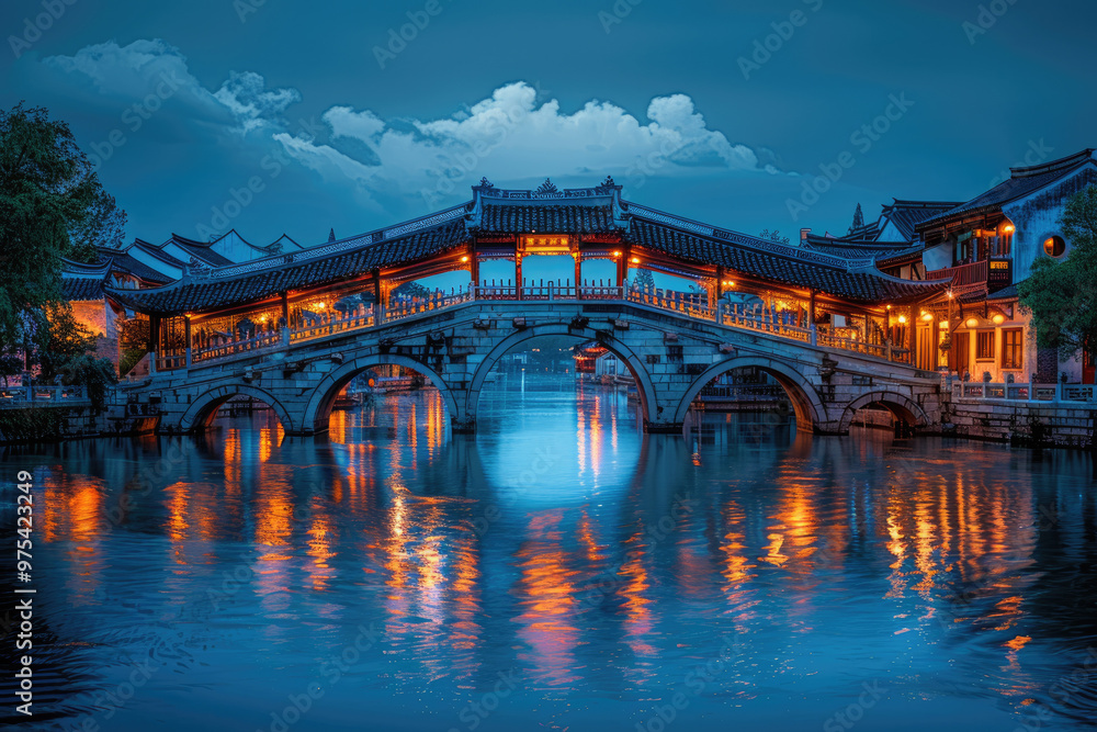 Fototapeta premium Chinese ancient town at night, ancient stone bridges and residential buildings