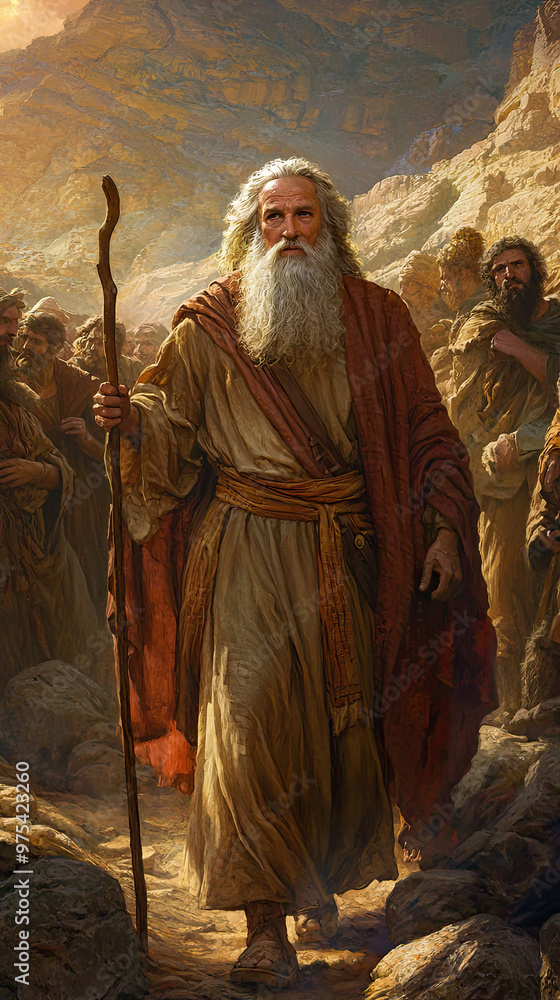 Naklejka premium Moses guiding Israelites through wilderness, leading them with determination and faith. scene captures essence of leadership and divine guidance amidst rugged landscape