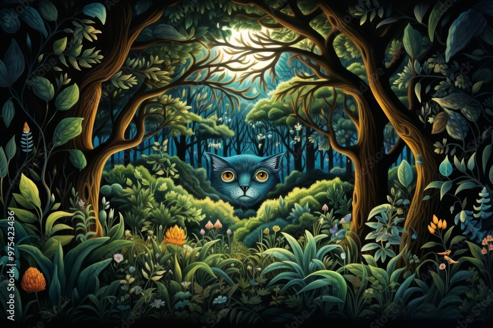 A detailed illustration of an enchanted forest, magical creatures peeking from behind trees and underbrush in this fantasy background A detailed illustration of an enchanted forest, magical creatures peeking from behind trees and underbrush in this fantasy background
