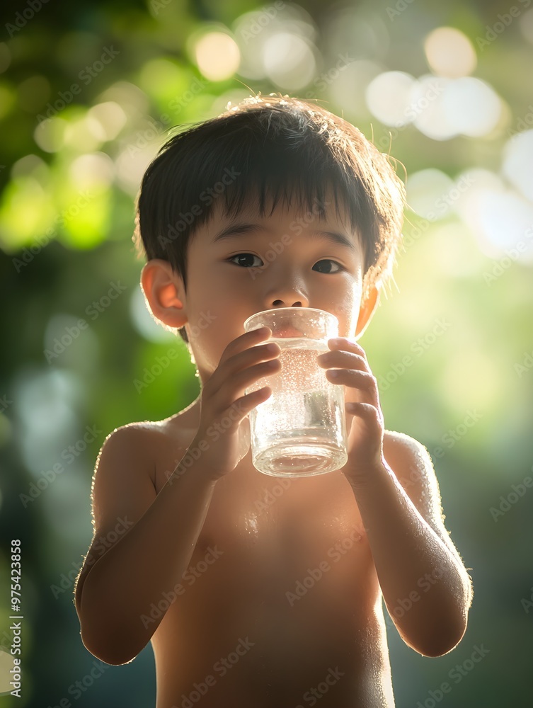 A young boy drinks from a glass of water in a sunny outdoor setting, highlighting hydration, nature, and childhood simplicity. A young boy drinks from a glass of water in a sunny outdoor setting, highlighting hydration, nature, and childhood simplicity.