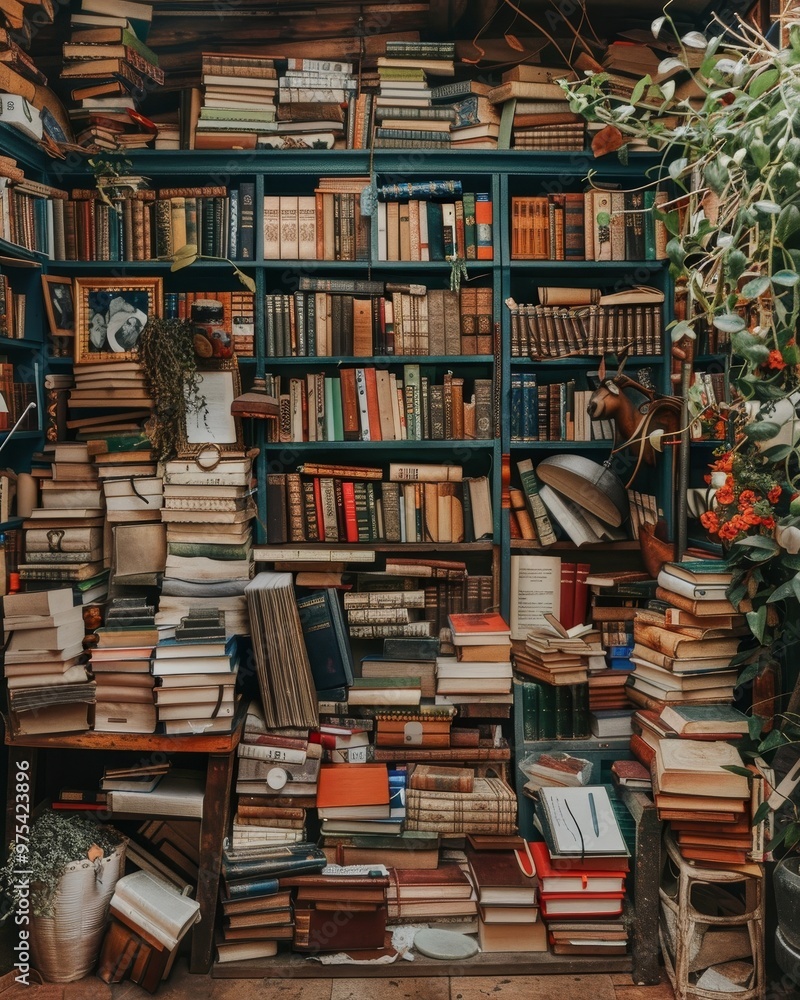 A cozy library filled with stacked books and rich greenery, inviting contemplation and exploration of literary treasures.