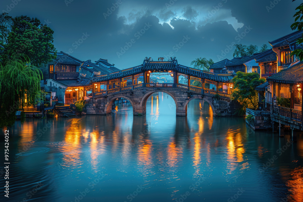 Naklejka premium Chinese ancient town at night, ancient stone bridges and residential buildings