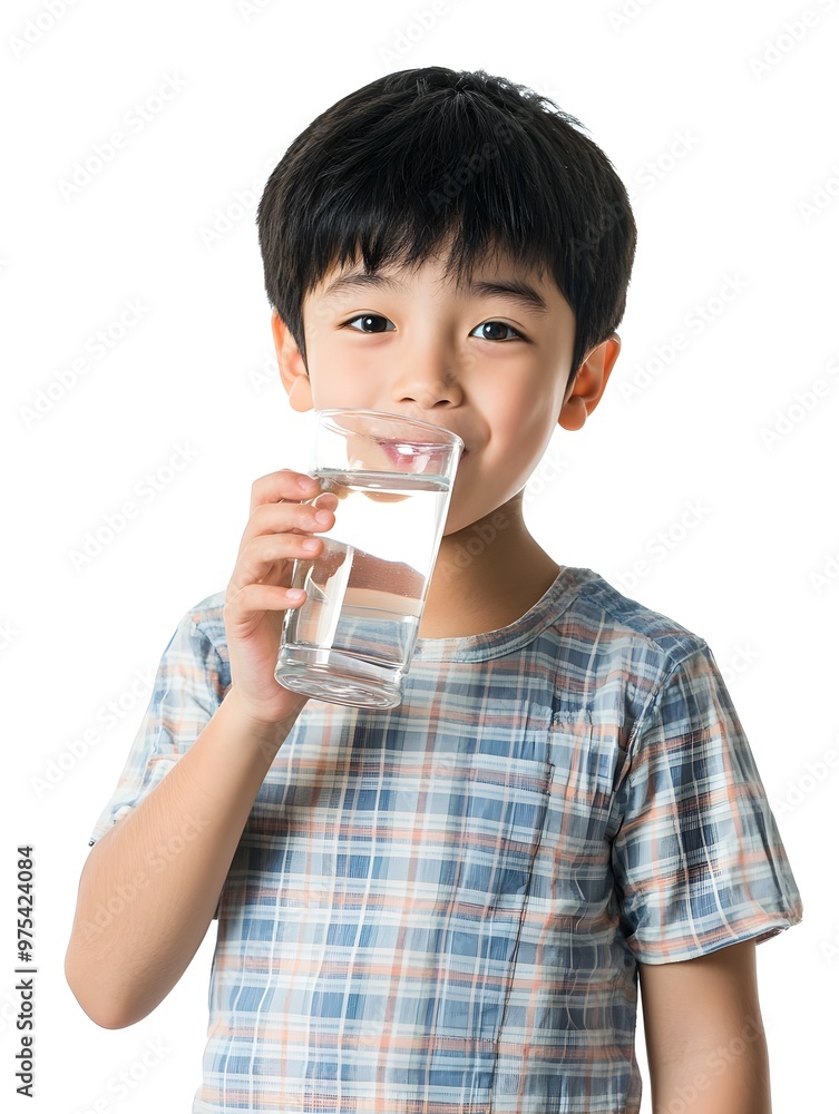 A young boy in a plaid shirt drinks a glass of water while smiling, standing against a white background, promoting hydration and health.