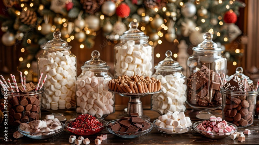 A festive display of assorted candies and sweets in jars for a cozy holiday celebration. A festive display of assorted candies and sweets in jars for a cozy holiday celebration.