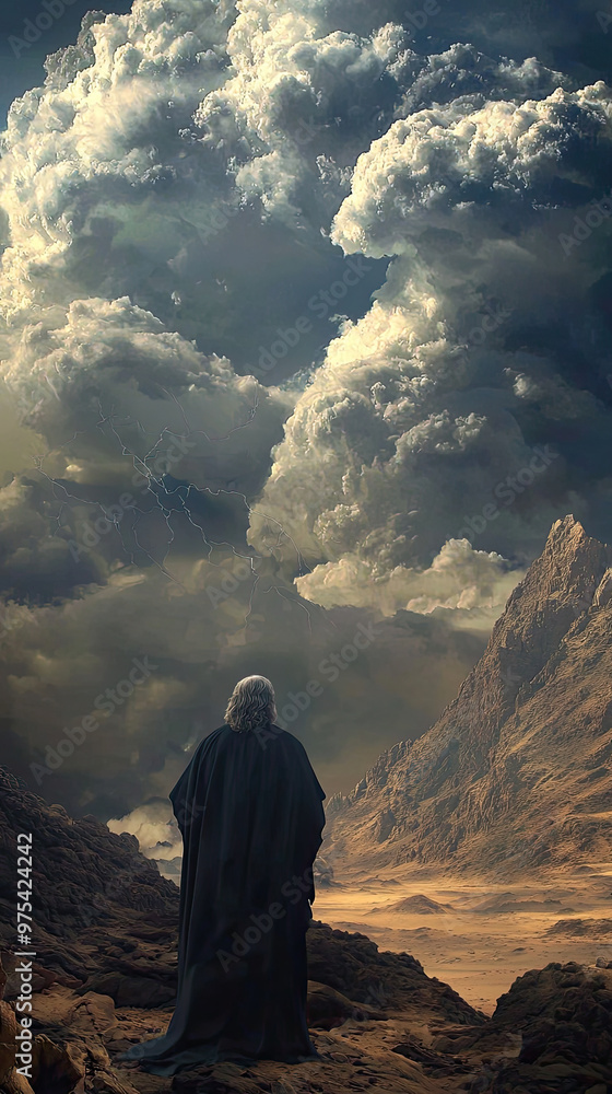 Fototapeta premium Moses praying at Mount Sinai, surrounded by dramatic thunderclouds, evokes sense of awe and reverence. powerful landscape enhances spiritual atmosphere