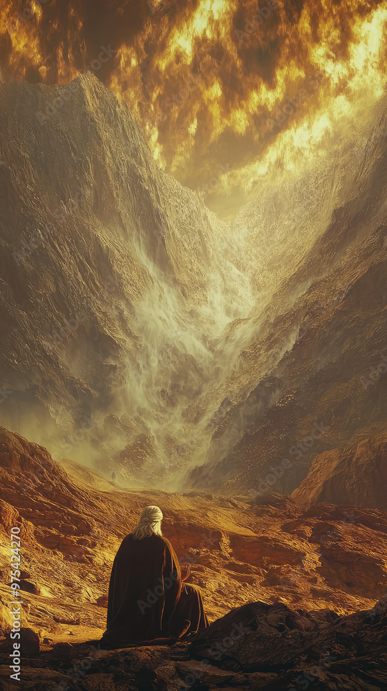 Φωτογραφία Moses praying at foot of Mount Sinai, surrounded by dramatic mountains and fiery skies, evokes sense of reverence and awe