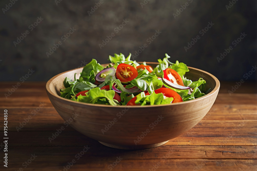 Realistic salad bowl on wood table with beautiful studio light and fresh organic vegetable leaf, onion, tomato ingredient for vegan food in concept of tasty delicious clean and healthy food Realistic salad bowl on wood table with beautiful studio light and fresh organic vegetable leaf, onion, tomato ingredient for vegan food in concept of tasty delicious clean and healthy food