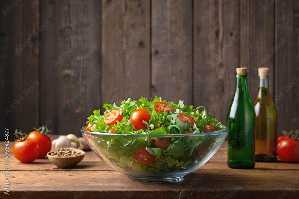 Realistic salad bowl on wood table with beautiful studio light and fresh organic vegetable leaf, onion, tomato ingredient for vegan food in concept of tasty delicious clean and healthy food Realistic salad bowl on wood table with beautiful studio light and fresh organic vegetable leaf, onion, tomato ingredient for vegan food in concept of tasty delicious clean and healthy food