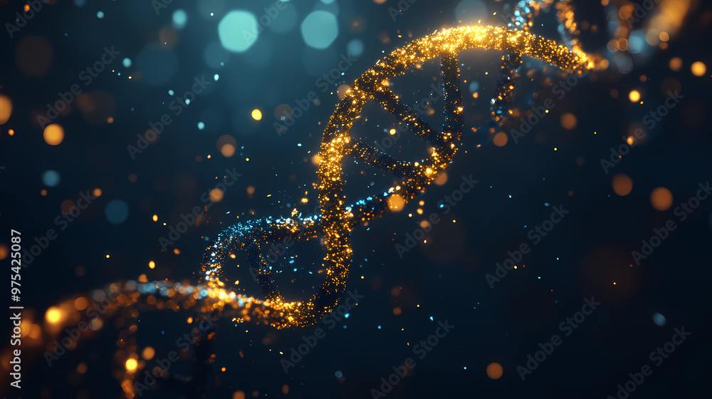 Glowing gene double helix with sparkling particles Glowing gene double helix with sparkling particles