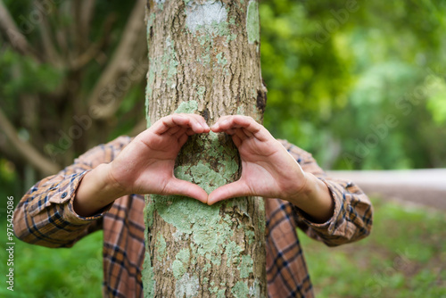 Forest conservationist forms heart shape with their hands around a tree trunk in a peaceful park. love for nature, commitment to environmental protection, importance of sustainable ecosystems.