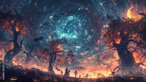 A mystical landscape filled with swirling galaxies, vibrant trees, and silhouettes exploring an enchanting cosmic realm.