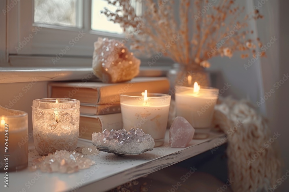 A serene display of candles and crystals creating a calming atmosphere by the window, perfect for relaxation and mindfulness. A serene display of candles and crystals creating a calming atmosphere by the window, perfect for relaxation and mindfulness.