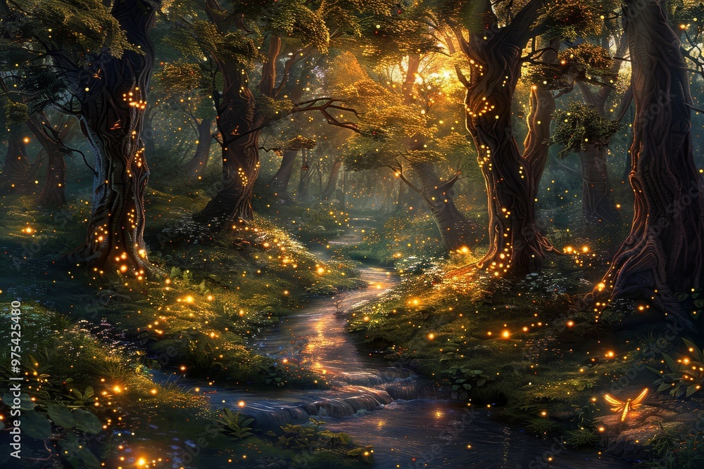 A serene forest landscape with glowing lights and a meandering stream, perfect for evoking tranquility and wonder in nature. A serene forest landscape with glowing lights and a meandering stream, perfect for evoking tranquility and wonder in nature.