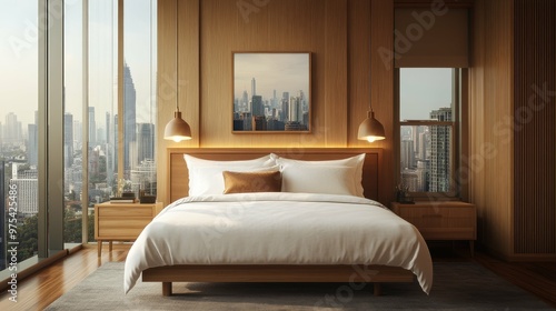 A modern bedroom with a large window overlooking a city skyline. The room is decorated in a minimalist style with wooden furniture and white bedding.