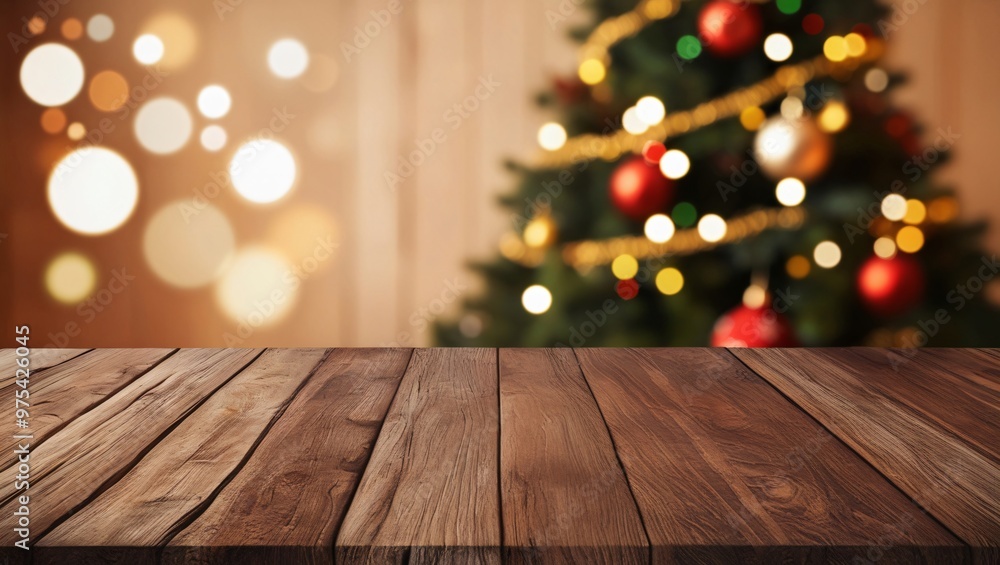 Festive holiday scene with a rustic wooden table and a decorated Christmas tree in the background, featuring red and gold ornaments, golden lights, and bokeh, generative ai Festive holiday scene with a rustic wooden table and a decorated Christmas tree in the background, featuring red and gold ornaments, golden lights, and bokeh, generative ai