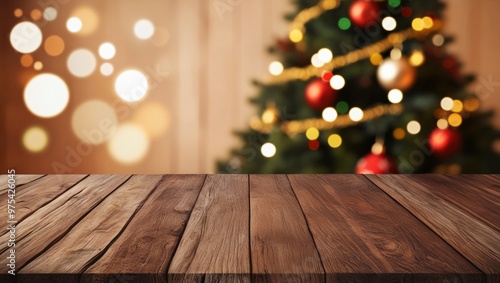 Festive holiday scene with a rustic wooden table and a decorated Christmas tree in the background, featuring red and gold ornaments, golden lights, and bokeh, generative ai