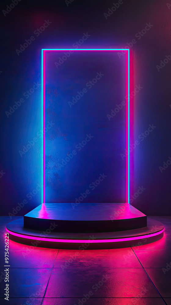 A sleek minimalistic neon podium with vibrant blue and pink lights creates striking visual effect, perfect for modern presentations or events A sleek minimalistic neon podium with vibrant blue and pink lights creates striking visual effect, perfect for modern presentations or events
