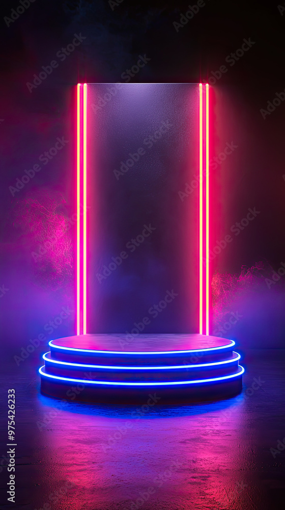 A neon podium with sleek minimalistic design, featuring vibrant pink and blue lights, creates captivating atmosphere. illuminated structure stands out against dark background, evoking sense of moderni A neon podium with sleek minimalistic design, featuring vibrant pink and blue lights, creates captivating atmosphere. illuminated structure stands out against dark background, evoking sense of moderni
